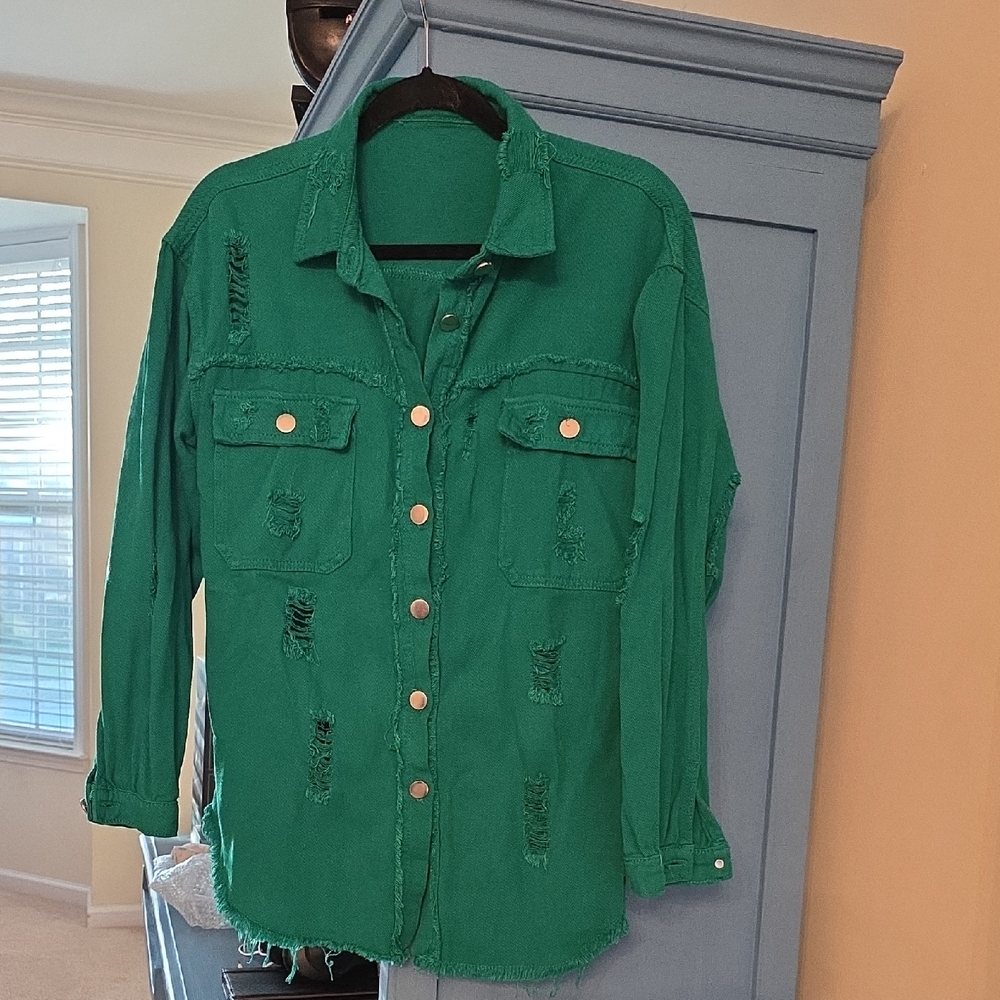 Green Distressed Button-Up Shirt